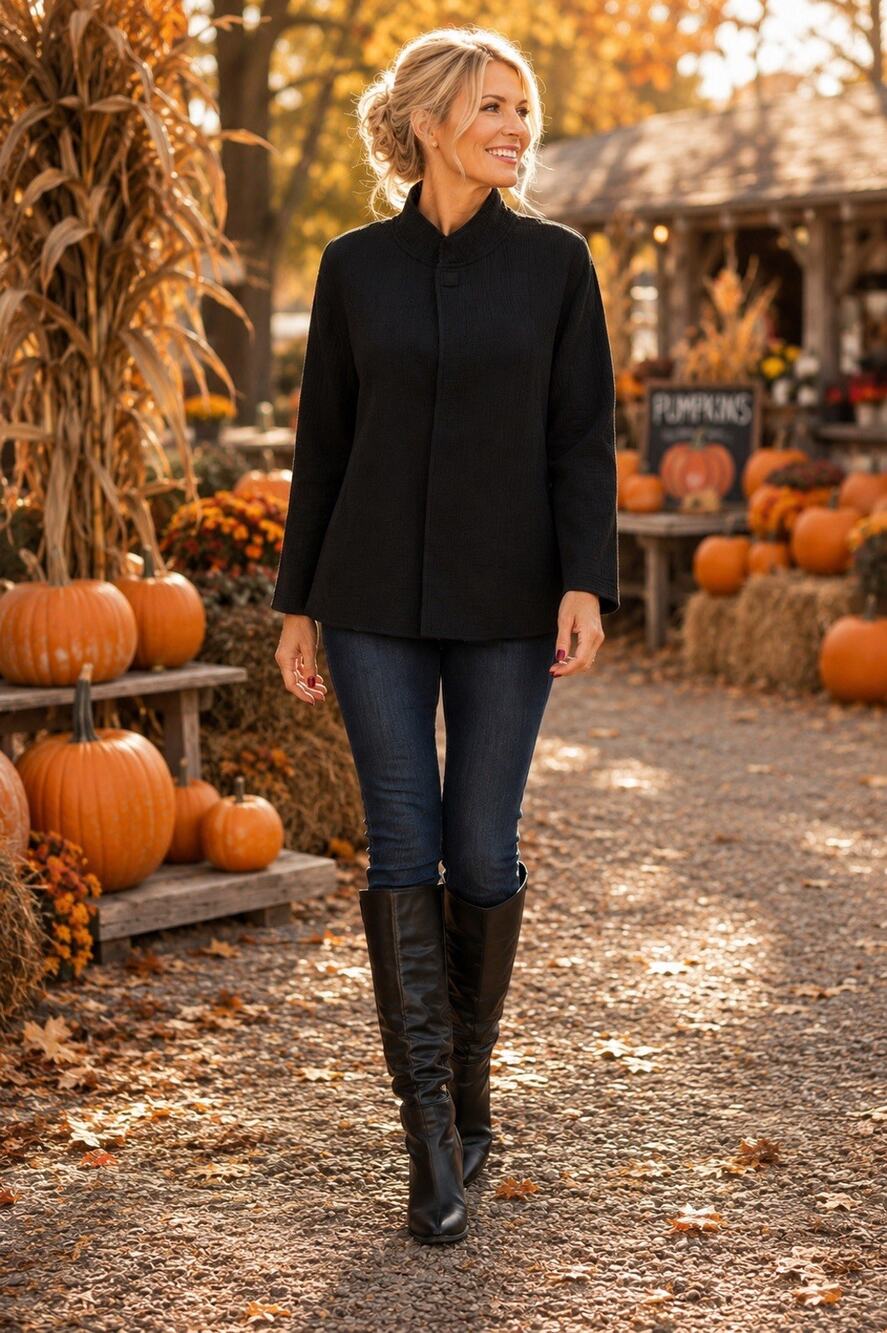 Eileen Fisher Black Crinkled Plissé Mandarin Collar Shirt Jacket Size Large